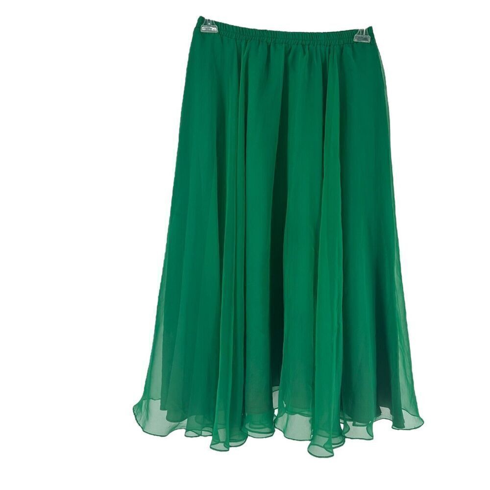 Vintage Chiffon Midi Skirt Solid Green A Line Elastic Waist Vintage 14 Modern M